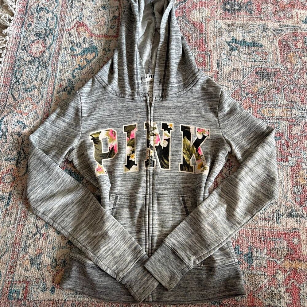 Vintage Victoria's secret PINK grey zip up hoodie with floral PINK graphic